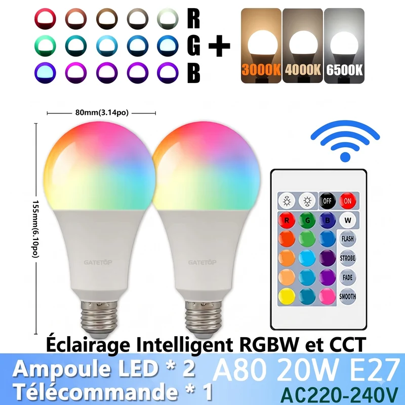 Ampoule LED RGB - Télécommandée 20W 2000 lumens